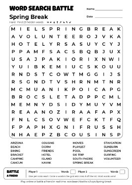 Printable Hard Spring Break Word Search