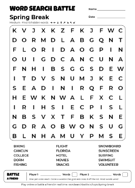 Printable Medium Spring Break Word Search