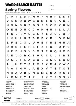 Printable Hard Spring Flowers Word Search