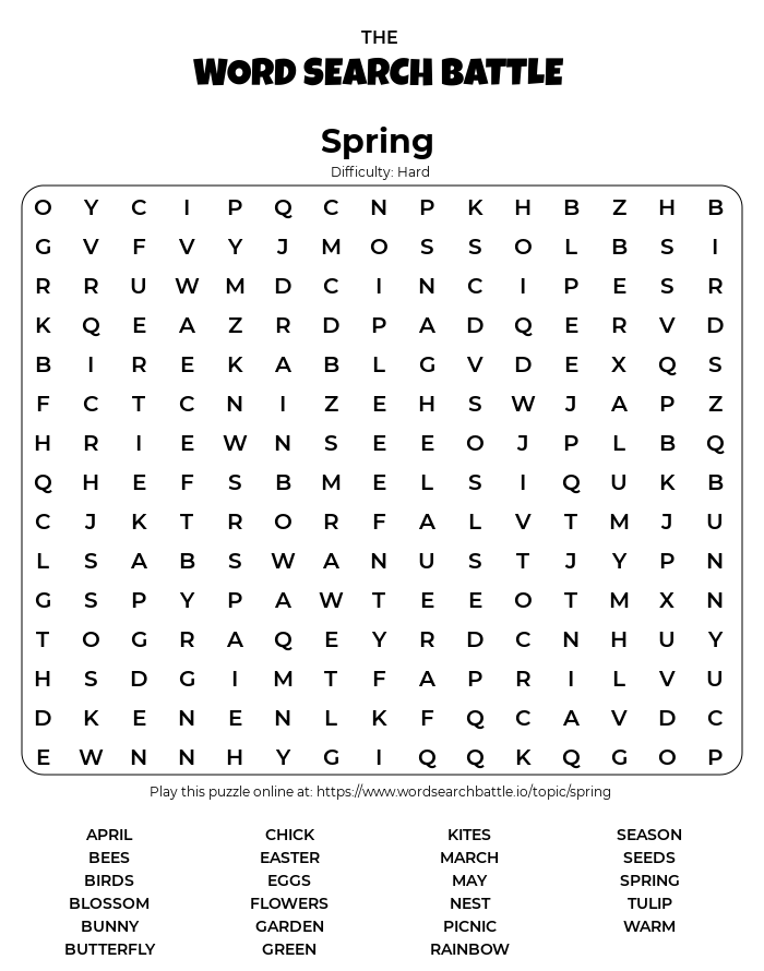 Free Printable Spring Word Search Hard