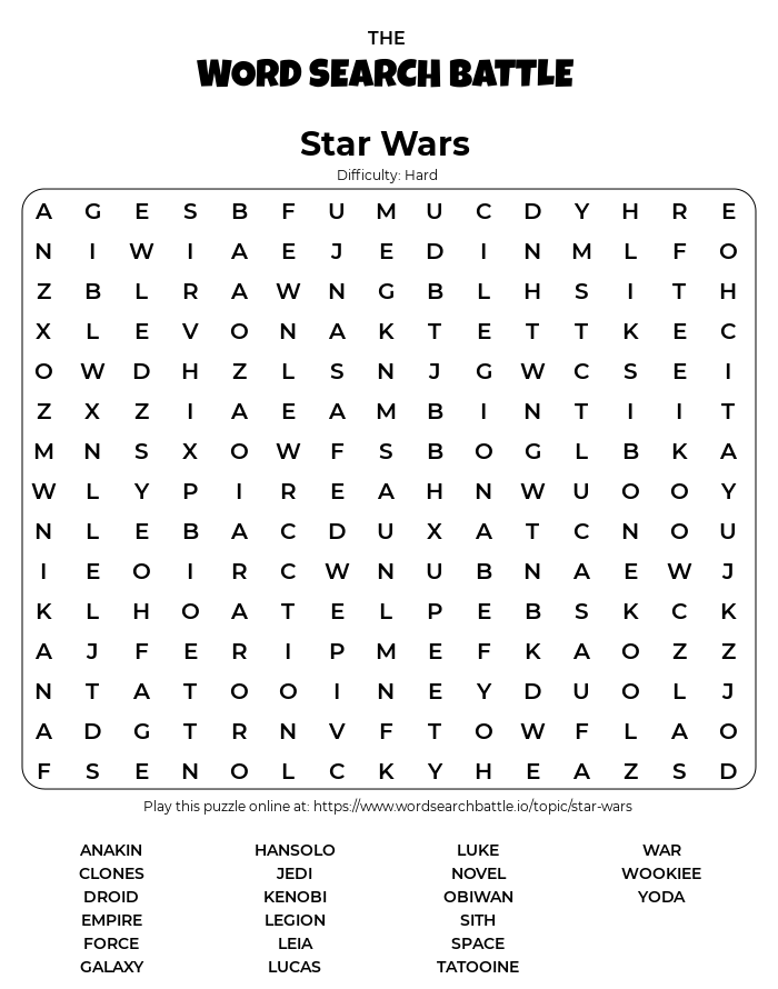 Printable Star Wars Word Search Printable Star Wars Word Search