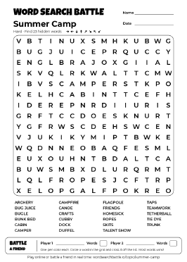 Printable Summer Camp Word Search