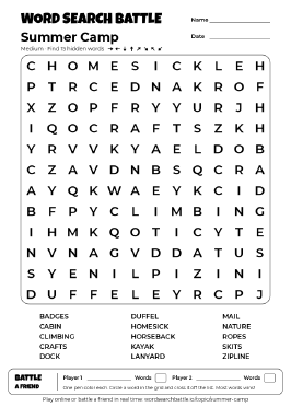 Printable Summer Camp Word Search