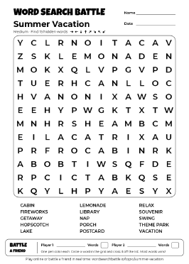 Printable Summer Vacation Word Search