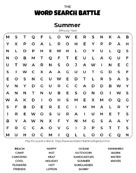 Printable Hard Summer Word Search