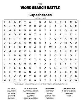 Printable Hard Superheroes Word Search