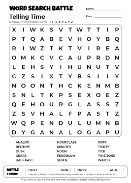 Printable Telling Time Word Search Preview