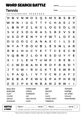 Printable Tennis Word Search