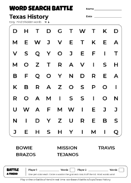 Printable Texas History Word Search