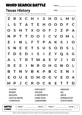Printable Texas History Word Search