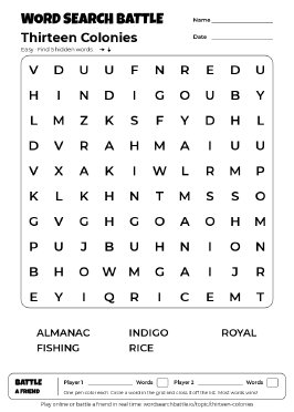 Printable Thirteen Colonies Word Search