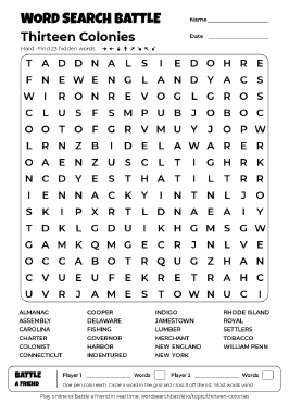 Printable Thirteen Colonies Word Search