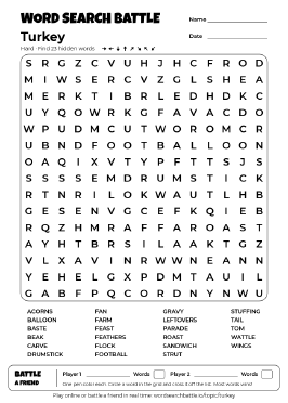 Printable Hard Turkey Word Search