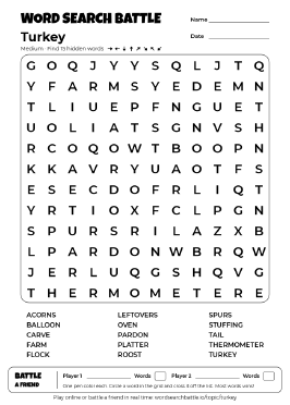 Printable Medium Turkey Word Search