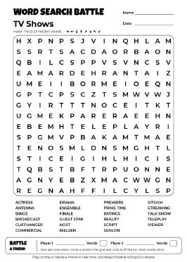 Printable TV Shows Word Search