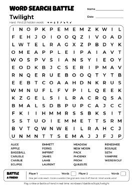Printable Hard Twilight Word Search