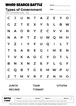 Printable Types of Government Word Search