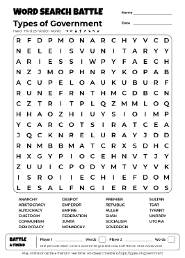 Printable Types of Government Word Search Preview