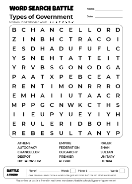 Printable Types of Government Word Search Preview