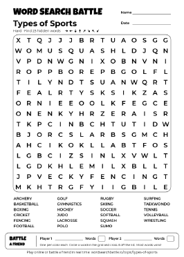 Printable Types of Sports Word Search
