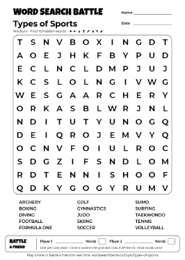 Printable Types of Sports Word Search