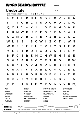 Printable Hard Undertale Word Search