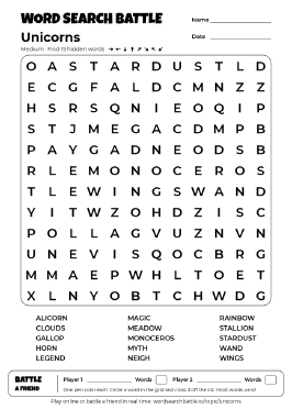 Printable Unicorns Word Search