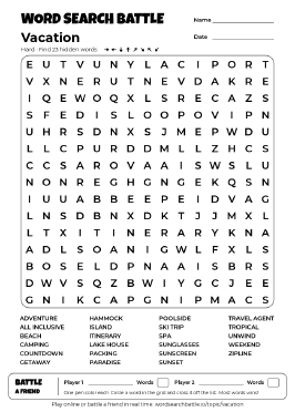 Printable Vacation Word Search