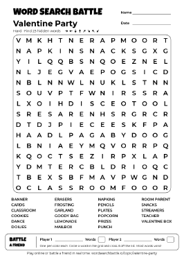 Printable Hard Valentine Party Word Search