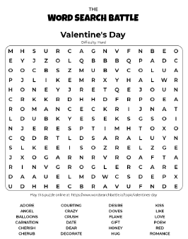 Printable Hard Valentine's Day Word Search
