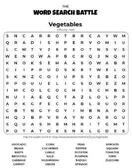 Printable Hard Vegetables Word Search
