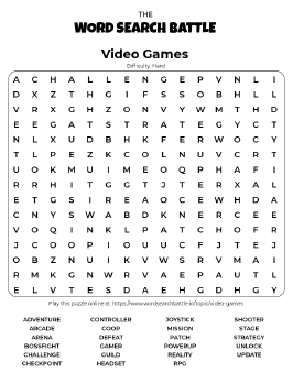Printable Hard Video Games Word Search