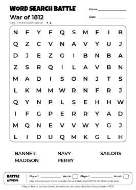 Printable Easy War of 1812 Word Search