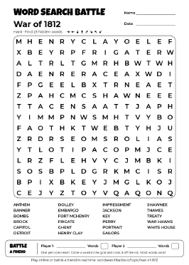 Printable Hard War of 1812 Word Search