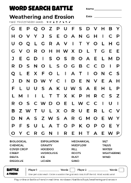 Printable Weathering and Erosion Word Search