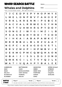 Printable Whales and Dolphins Word Search