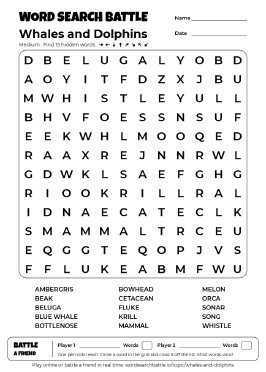 Printable Whales and Dolphins Word Search Preview