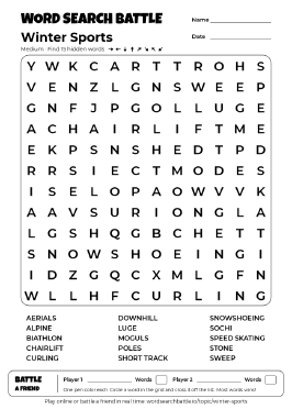 Printable Winter Sports Word Search Preview