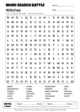 Printable Hard Witches Word Search