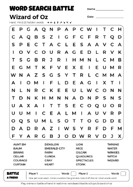 Printable Wizard of Oz Word Search