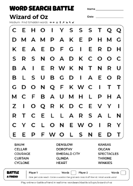 Printable Wizard of Oz Word Search