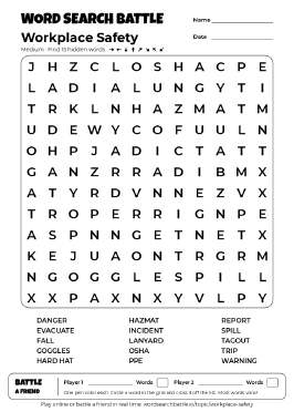 Printable Workplace Safety Word Search