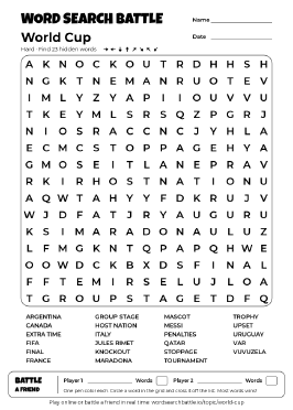 Printable Hard World Cup Word Search