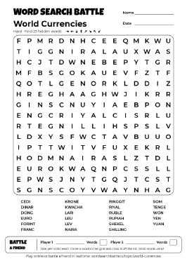 Printable World Currencies Word Search