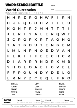 Printable World Currencies Word Search