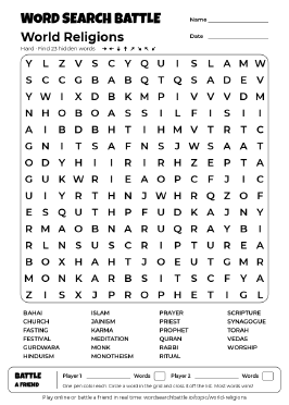 Printable World Religions Word Search