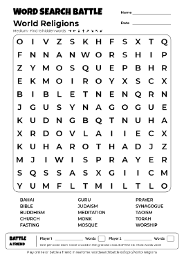 Printable World Religions Word Search