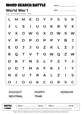 Printable Easy World War 1 Word Search