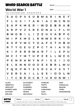 Printable Hard World War 1 Word Search