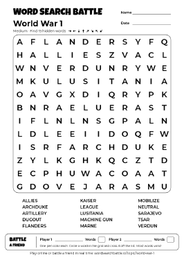 Printable World War 1 Word Search Preview